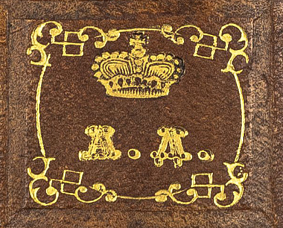 Суперэкслибрис, тиснение золотом, 25х25 мм. Изображение княжеской короны, под ней инициалы владельца «А.Д.».
Анатолий Николаевич Демидов (1813-1870)
