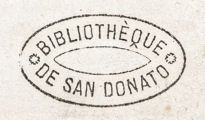 Штамп овальный, 21х39 мм. В линейной рамке надпись «Bibliotheque | de San Donato».