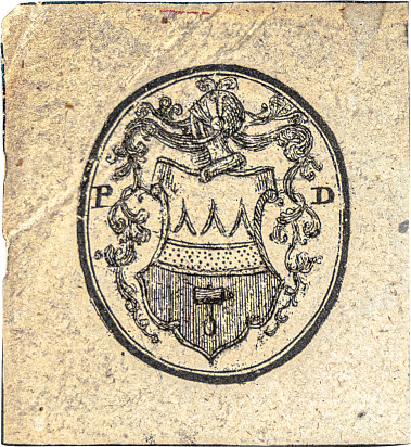 Экслибрис геральдический, печать черная, гравюра, 26х24 мм. В двойной линейной рамке изображение герба рода Демидовых. По бокам инициалы владельца «P» и «D». 
Павел Григорьевич Демидов (1809-1859)
